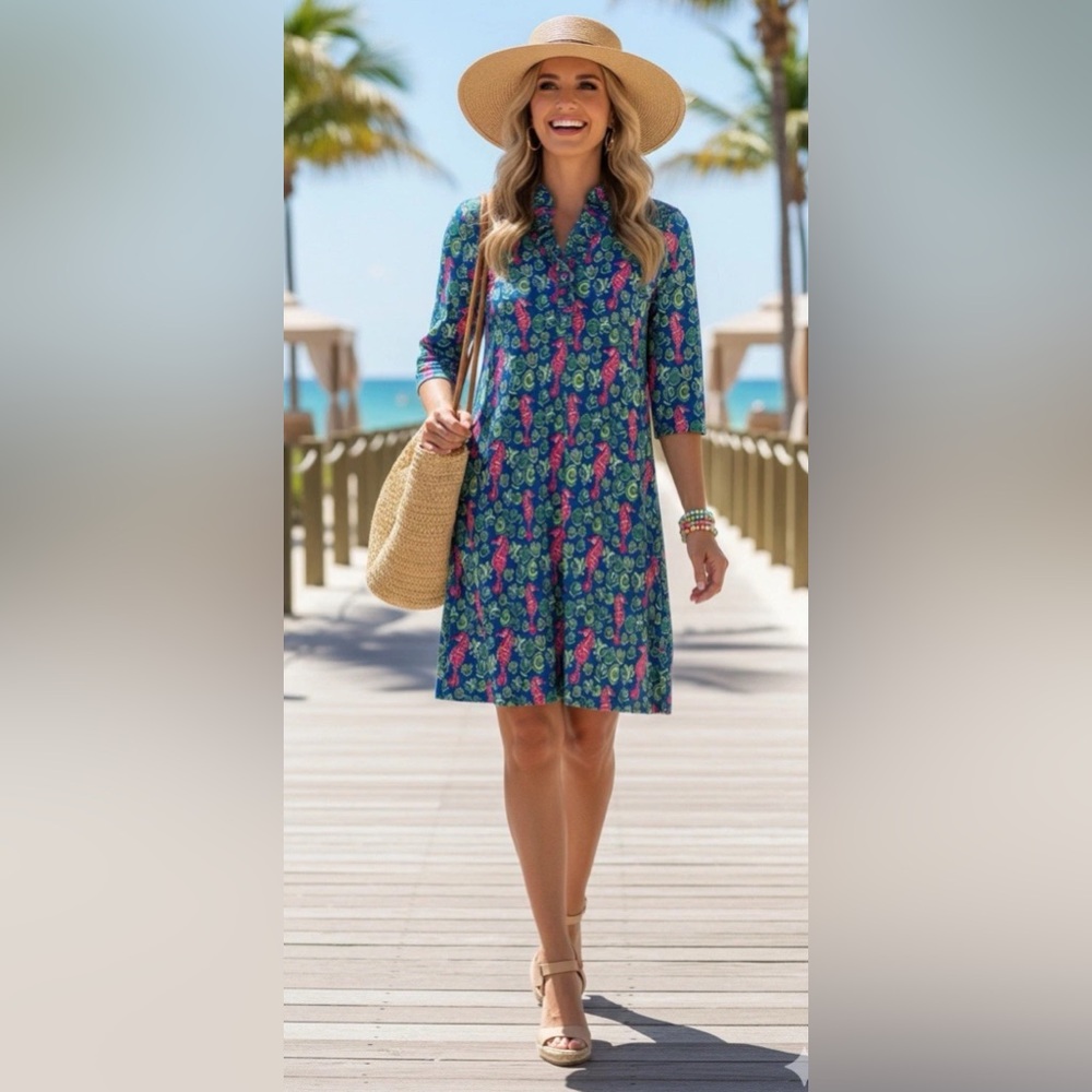 Simply Southern Small Seahorse Seashell Ruffle‎ Collar Dress Women’s